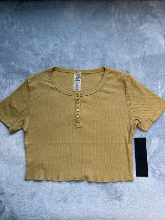 Mono B Tops - Mono B Ribbed Henley Crop Top - Mustard